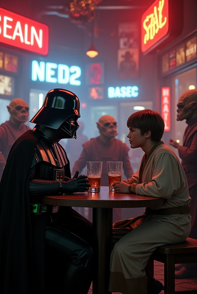 Darth Vader bebendo com Luke Skywalker no bar