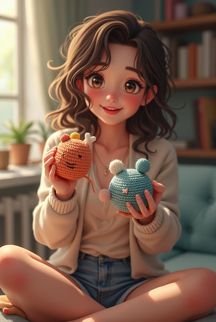 Image of a smiling young woman showing her amigurumi knitting at home
