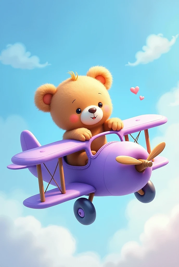 Very cute watercolor teddy bear flying a cute purple plane