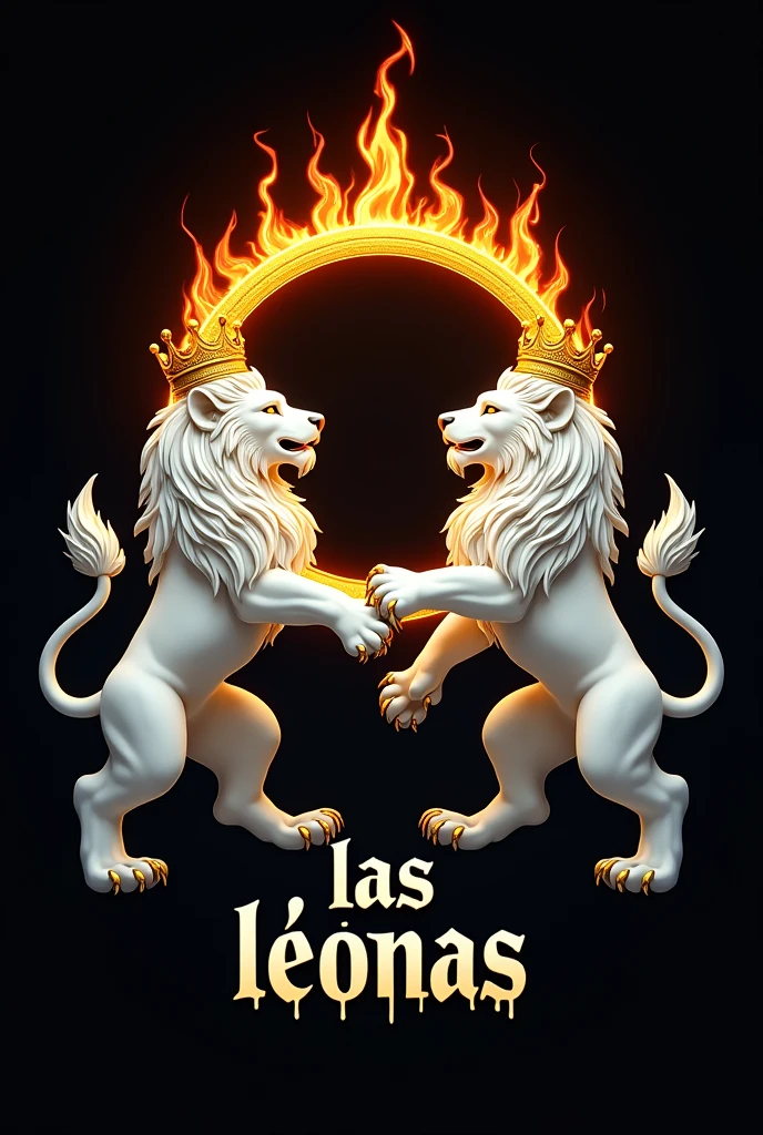 I want a black background with two white lions with gold details. They must have a crown and be located on the sides of the image. In the center there must be a ring of fire and in the lower central part of the image it must say the lionesses in white written in Spanish.