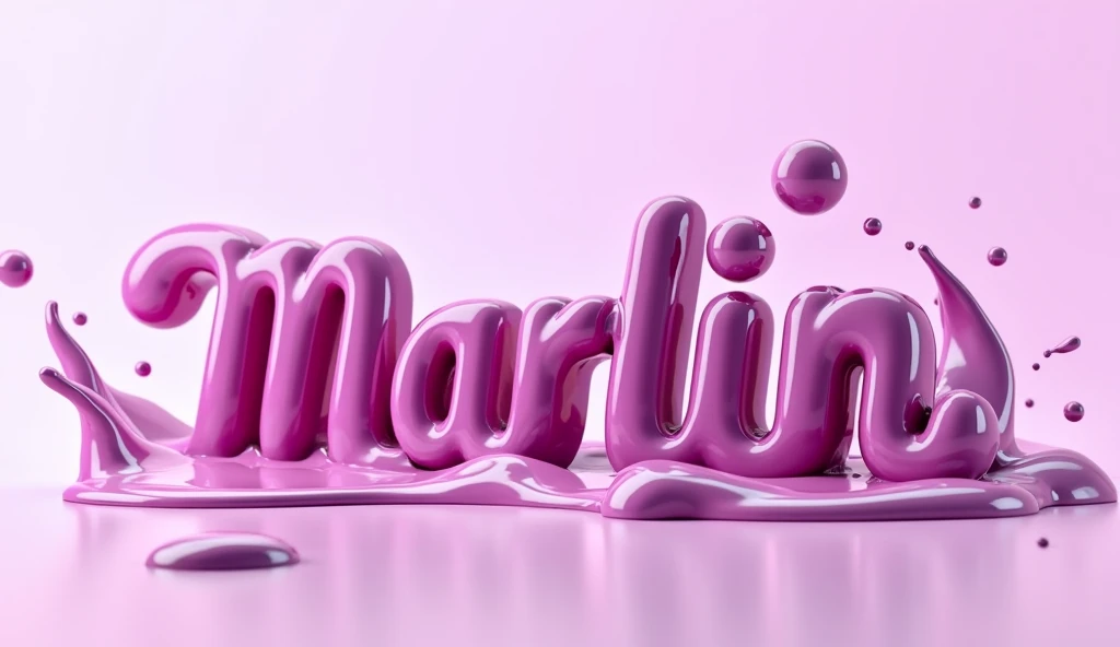 A 3D rendered 3d word 'Marlin' made of a glossy, pink liquid or substance. The word appears to be in a fluid state, with droplets and splashes surrounding it. The background is pastel color dark, emphasizing the vibrant violet color of the word.