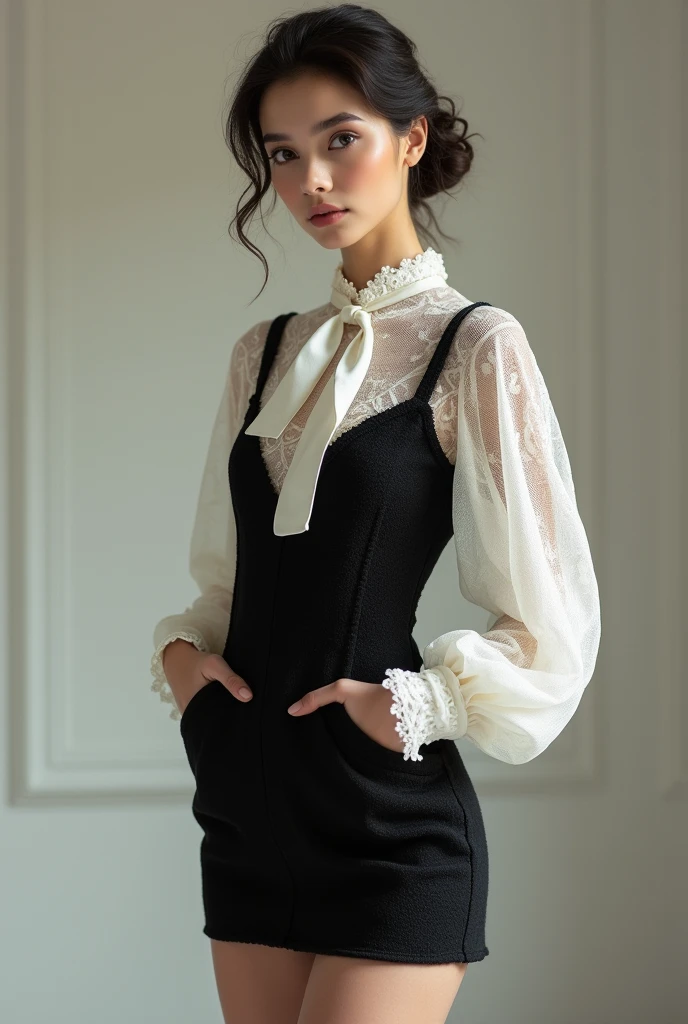 European female model wearing short black tweed dress with white lace blouse underneath and bow