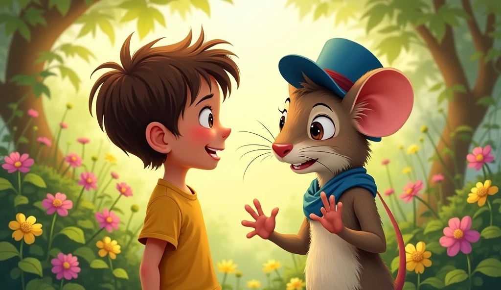 Illustrate Léo, with his short brown hair and yellow shirt, standing in the garden, talking to Remy the mouse. Remy is adjusting his blue hat while speaking confidently to Léo, who looks excited and curious. The garden remains lush and vibrant, setting the stage for their adventure