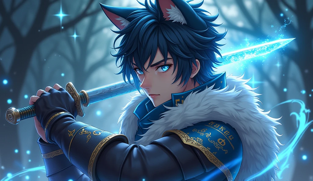 Text for Character Creation:
I want to create an anime style character, inspired by characteristics of an epic hero. He must have an impressive and charismatic look., with disheveled hair and a deep gaze that reflects as much wisdom as the pain of the battles that have taken place. The character must have striking features, like visible scars that show his past of intense struggles, but also expresses a sense of nobility and fellowship. The character's clothing style should be a mix of medieval armor with elements of magic., like extended runes engraved on his attire and a magical sword he carries. The predominant colors may be dark, how p The surrounding scenery should be a fantasy environment, maybe a battlefield or a magical forest, with dramatic lighting that highlights the character. His pose should convey determination, with the sword ready for action, and an aura of power should emanate around you, symbolizing your for I want a protagonist but who is 1, with an appearance like a 1 person. I want it to have a little more of an anime appearance, totally anime appearance, not even if it was an anime style. I want the protagonist to be very young. I want the background to be a bit creamy. I want the protagonist to be a person who is kind of like the night, just don't let the lips look too much like a woman. I want the background to be a starry night and the protagonist to be releasing magic. I want the image quality to be in 4K. I want you to lie down in the image. Make it as anime as possible. I want the protagonist to have long hair, wolf style, the protagonist to be half wolf with eyes that look like a crystal design.