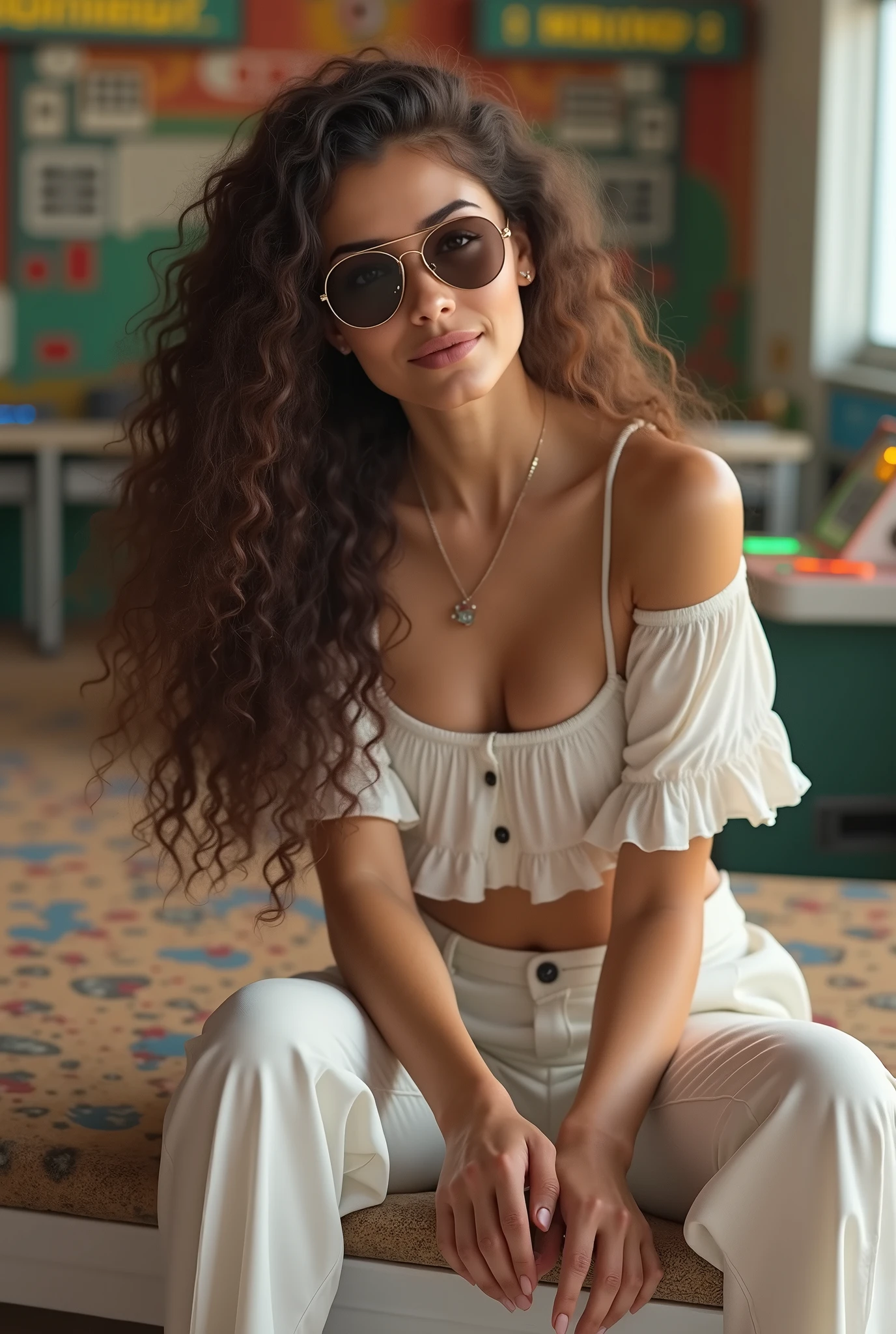 (photorealism:1.2), beautiful woman, curly hair, at gaming arena, playing arcade, wearing sunglasses, relaxed pose, realistic, intricate details, warm colors