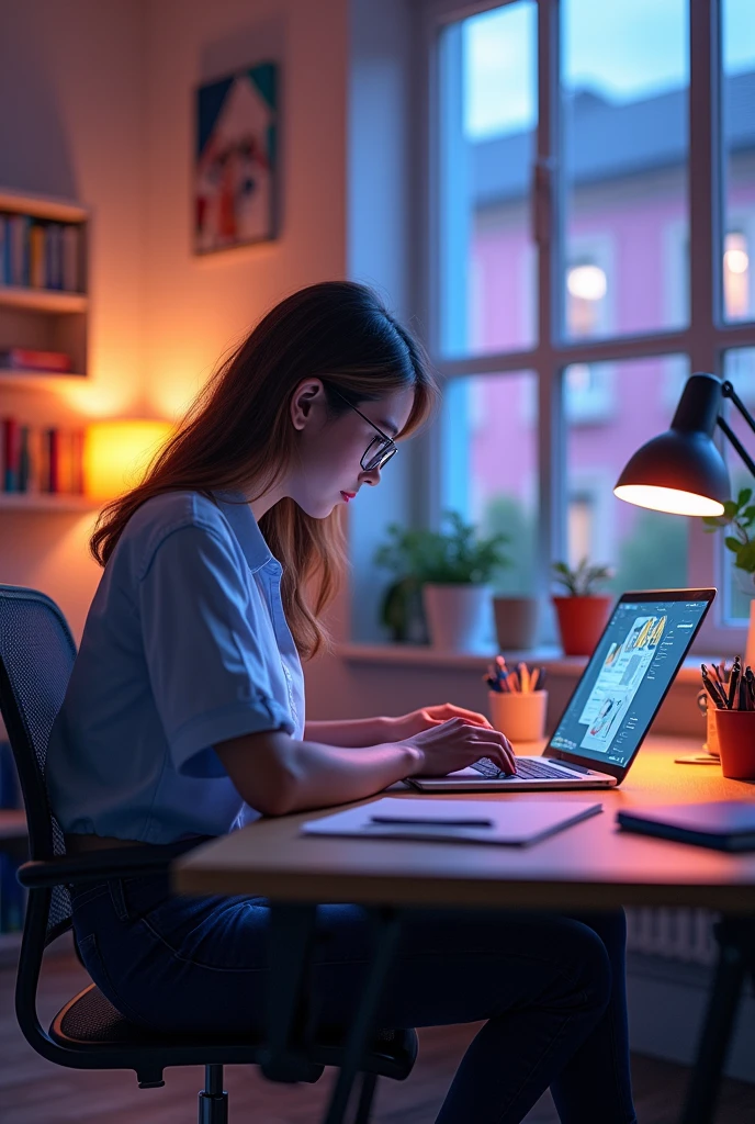 One who loves surfing the internet, stays in the bright room at the desk working on the notebook