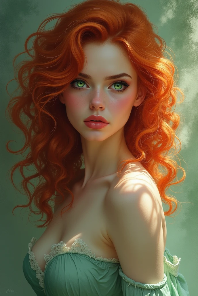 A woman of approximately 2. Her hair is red and wavy. has outlined curves. Your eyes are emerald green.