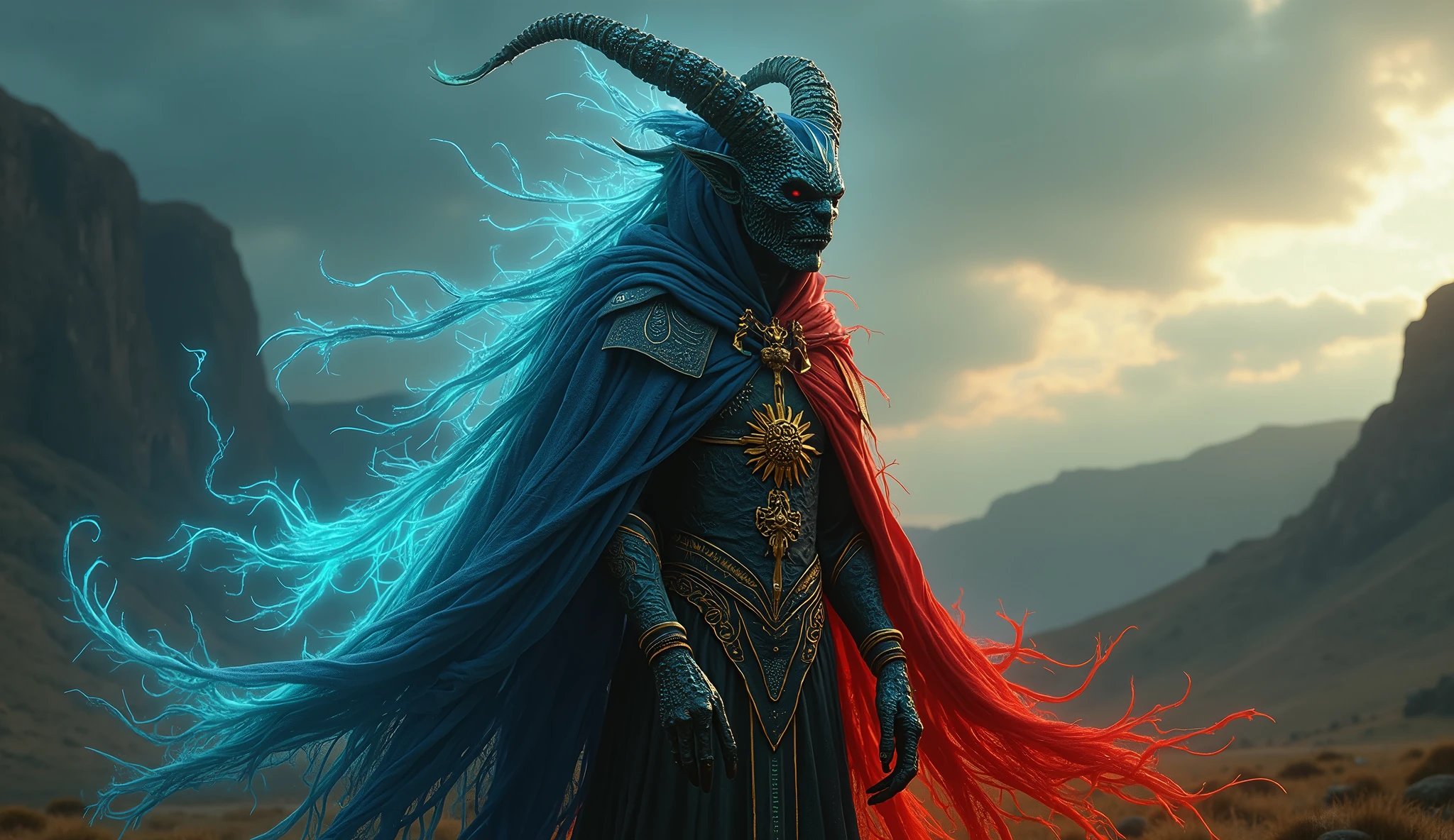 South Sudan as an african League of Legend dark glowing mage creature mixed six color in blue, black, red, green, white and yellow colors. Intricated clothing. Cinematic Fantasy sci-fi landscape background