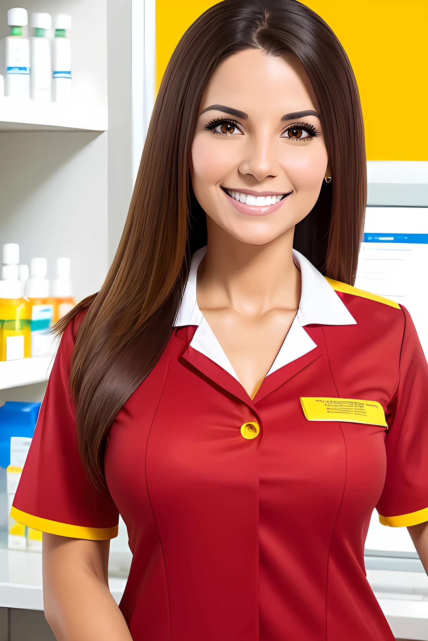 female pharmacist wearing a red and yellow work uniform, Brazilian, brunette with straight hair, Thirty year old, fully body, friendly and smiling, white background, ultra realisitic, full hd
