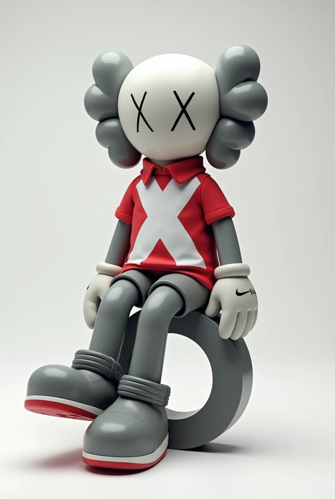 A shot of a gray Kaws style plushie of a seated figure with one leg raised. The figure is sitting sideways and has a large X on the chest. He is dressed in a red and white polo shirt and a pair of Nike sneakers. The background is simple. Sentado encima de la letra "o" en posición de lado