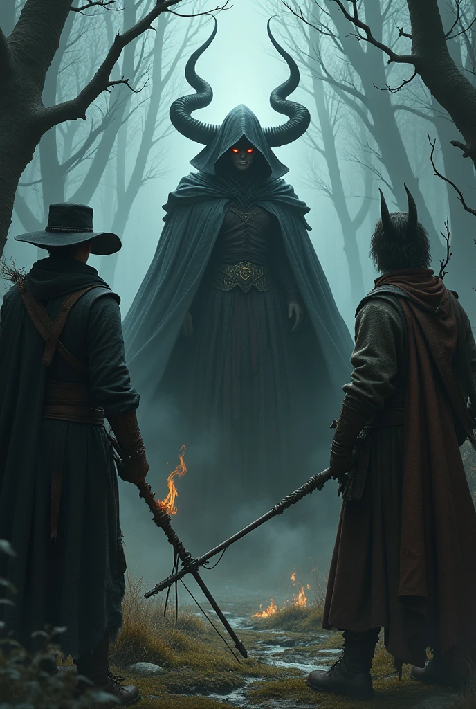 A witch and the devil against 2 witch hunters