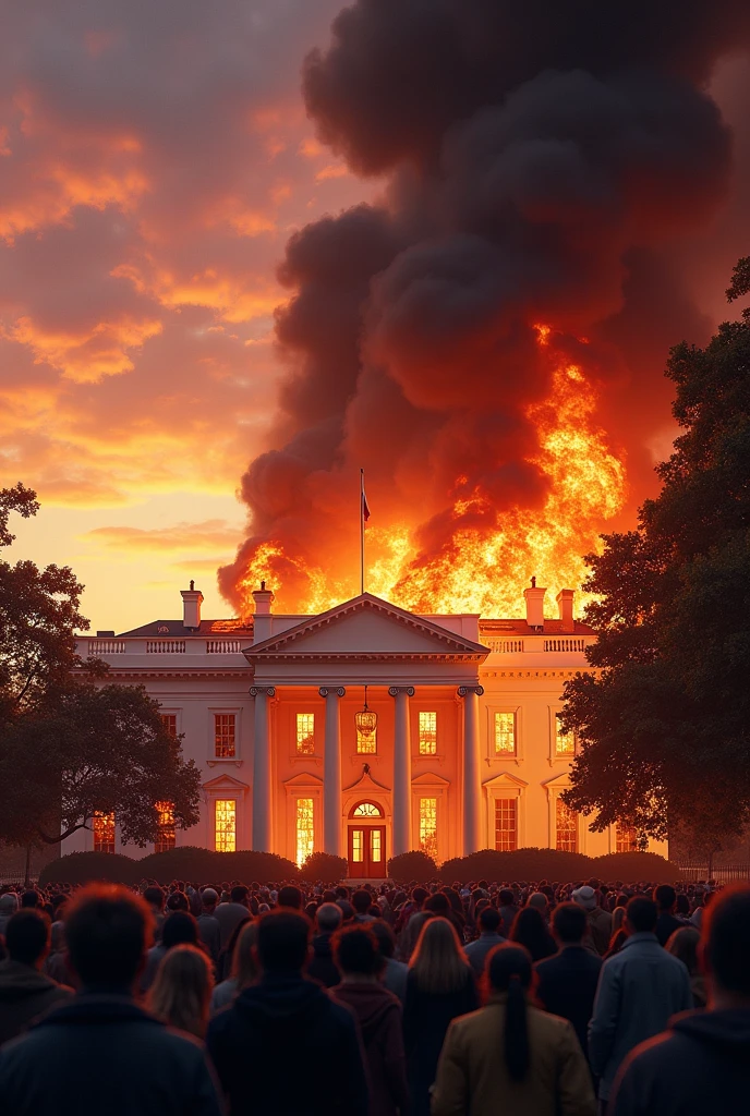 A dramatic scene of a White House fire during sunset, with high flames and black smoke rising, reflecting in the windows of the iconic neoclassical architecture. The sky has shades of orange and purple, and there is a crowd of people watching from a distance, with expressions of shock and concern."