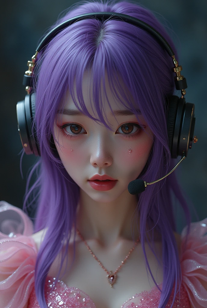 Korean purple hair butterfly woman with headphone and pink glitter dress crying with bruises on face and name behind sad children realistic human