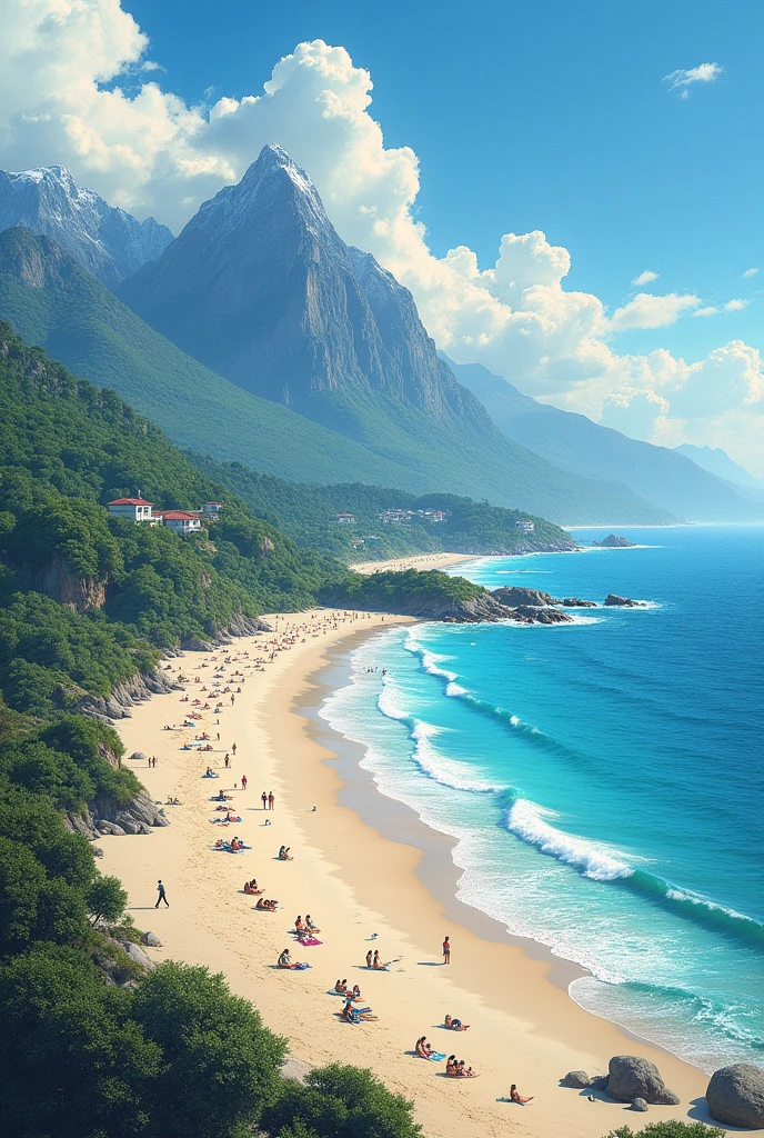 I need a collage that starts on the right side with the sea and ends on the left side with the mountain., I need to add information to the image, so the photo with more zoom should take a backseat, and there are people on the beach