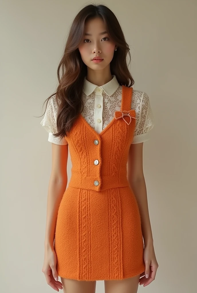 European female model wearing short orange tweed dress with lace blouse underneath and bow