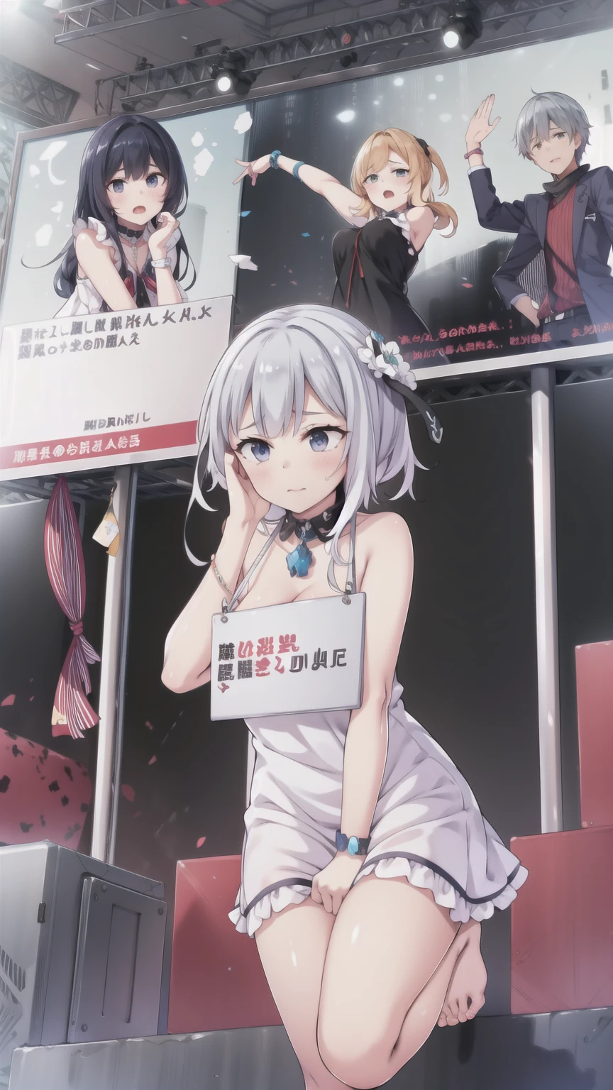 masterpiece, Highest quality, Official Art,  Highly detailed CG Unity 8k wallpaper,  Signboard wrapped around the neck_wrist, Raise the hand, Torn Dress, White short dress, Metal collar, Kneel, stage, market, Nervous, plural, 4