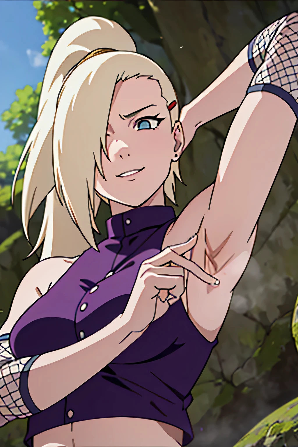 (lying), Ino Yamanaka, looking at the viewer, from below,steam , Ultra detailed face, sunny day, DAY HOUR, top view of the body, animated style, Alone, Detailed start, rubio, (purple clothes), ((an eye covered in hair, hair over the eye)), medium breasts, belly button, looking at the viewer, thick arms, (bare shoulders, wide shoulders, very few biceps, curved body), hidden eye, smile, open mouth, very happy, high, Hair clip, sharp look, sharp face, sharp eye, cold colors, What time, armpits,arm up, raised arm, armpit, (from side, from below:1.4)sweat,steam,confused,(show off armpits,upper body:1.4),naughty smile,