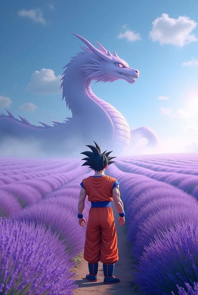 A lavender field with Goku calling out to Shenlong