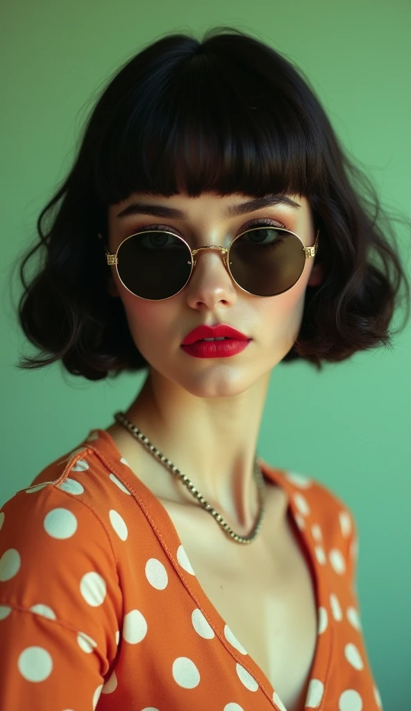 The following features can be seen in this image: 1.

 1. a woman's face is shown in the image. She is wearing round sunglasses and red lipstick. 2.
 The woman's hair is black, in a short bob style, and slightly curled. 3.
 She is wearing a polka-dot shirt. 4.
 The background is a light greenish color. 5.
 5. the facial expression is serious and the eyes are directed toward the camera; 6. the overall atmosphere is 60's retro.
 6. the overall atmosphere is retro 60's.
