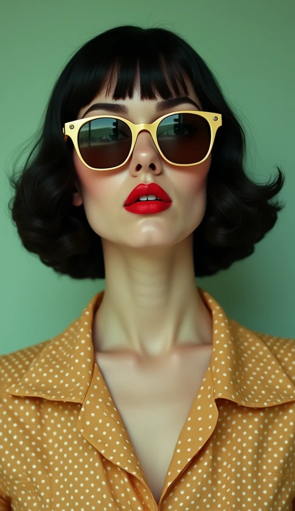 The following features can be seen in this image: 1.
1. a woman's face is shown in the image. She is wearing round sunglasses and red lipstick. 2.
The woman's hair is black, in a short bob style, and slightly curled. 3.
She is wearing a polka-dot shirt. 4.
The background is a light greenish color. 5.
5. the facial expression is serious and the eyes are directed toward the camera; 6. the overall atmosphere is 60's retro.
6. the overall atmosphere is retro 60's.