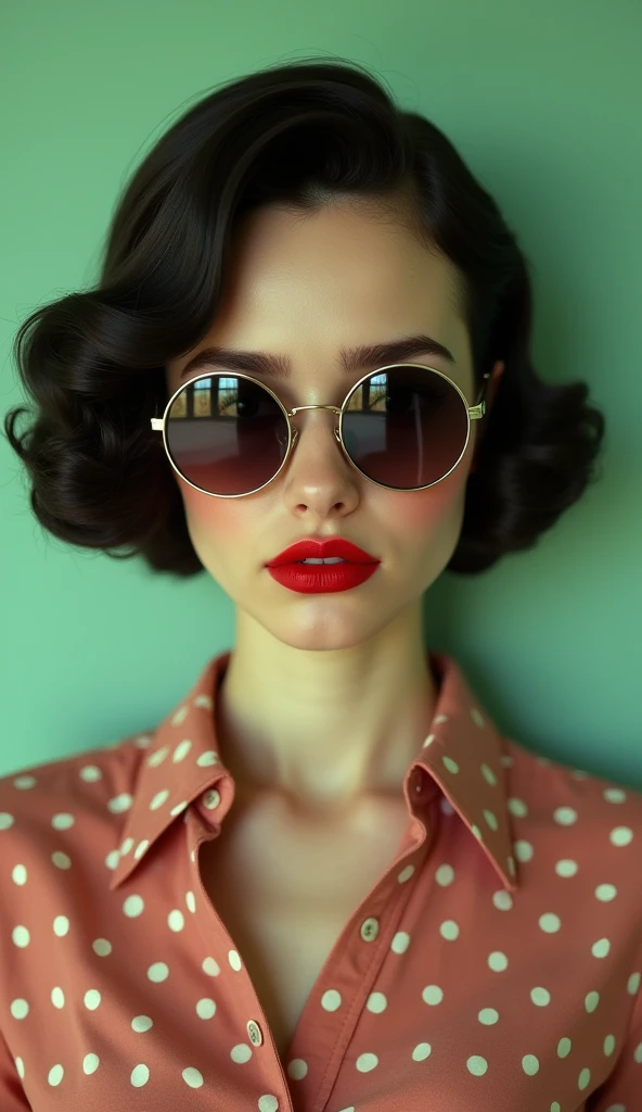 The following features can be seen in this image: 1.
1. a woman's face is shown in the image. She is wearing round sunglasses and red lipstick. 2.
The woman's hair is black, in a short bob style, and slightly curled. 3.
She is wearing a polka-dot shirt. 4.
The background is a light greenish color. 5.
5. the facial expression is serious and the eyes are directed toward the camera; 6. the overall atmosphere is 60's retro.
6. the overall atmosphere is retro 60's.