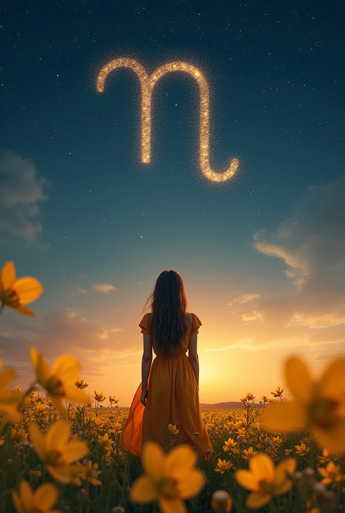 girl with her back turned looks at the starry sky over a field of yellow orchids, in the sky the stars form the symbol of the sign Virgo, girl wears amber colored dress that is fluttered by the breeze of the wind