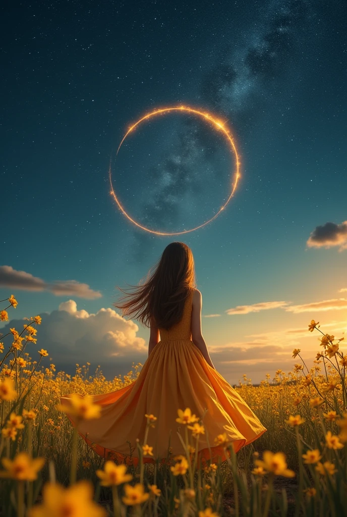 girl with her back turned looks at the starry sky over a field of yellow orchids, in the sky the stars form the symbol of the sign Virgo,  girl wears amber colored dress that is fluttered by the breeze of the wind