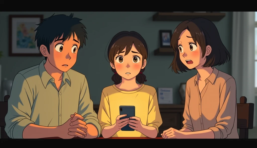A scene of a young adult showing his cellphone to his father and mother. The focus should be on the father's and mother's expressions, with the father displaying shock and the mother showing fear. The young adult should appear focused and slightly anxious. The art style should be reminiscent of Studio Ghibli, capturing the detailed and emotional expressions of the characters and the tension of the moment