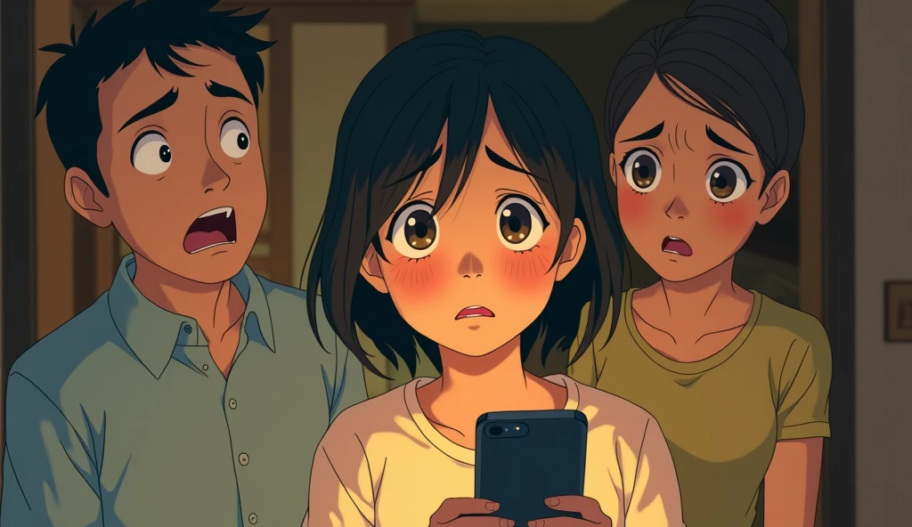 A scene of a young adult showing his cellphone to his father and mother. The focus should be on the father's and mother's expressions, with the father displaying shock and the mother showing fear. The young adult should appear focused and slightly anxious. The art style should be reminiscent of Studio Ghibli, capturing the detailed and emotional expressions of the characters and the tension of the moment