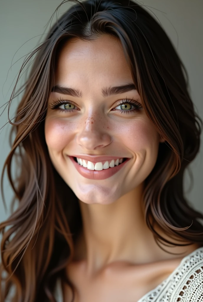 brunette woman, 22 years, frontal photo, natural look, europea, perfect teeth, without makeup, teeth aligned straight and close together, textured skin,  (best quality,4k,8k,highres,masterpiece:1.2),ultra-detailed,(realistic,Photorealistic,photo-realistic:1.37), natural skin