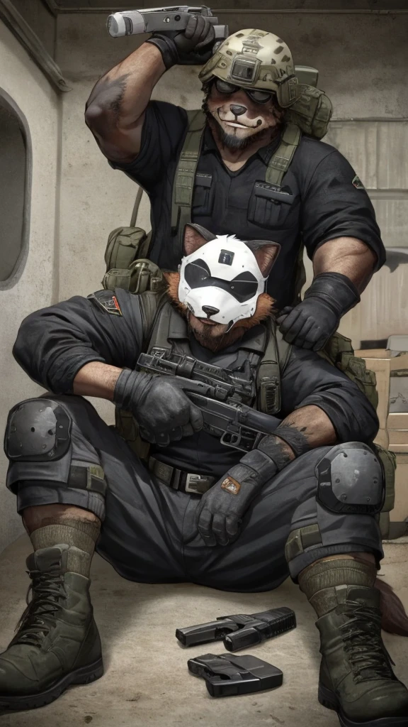 An anthropomorphic cat and inside ears Ear color Brown and belly color Root beer and a little beard Root beer but a little bit similar to foxes but still a cat. Well, which were dressed And even they were dressed in black coats and a jacket, a black and tactical T-shirt and gray dark pants and on the face was a mask of different colors and boots of different colors and on the head was a cap and a hat and perhaps on the head was a tactical helmet with an attached flashlight and on the hands were gloves and they had different T-shirts and socks and shorts and on the legs was dressed and military tactical knee pads and they were dressed in tactical body armor and some types of equipment they wore and it seems that on the legs was attached a holster with a pistol or a revolver and on the back were backpacks and there were firearms such as semi-automatic or automatic firearms and shotguns and a sniper rifle in which he himself was dressed