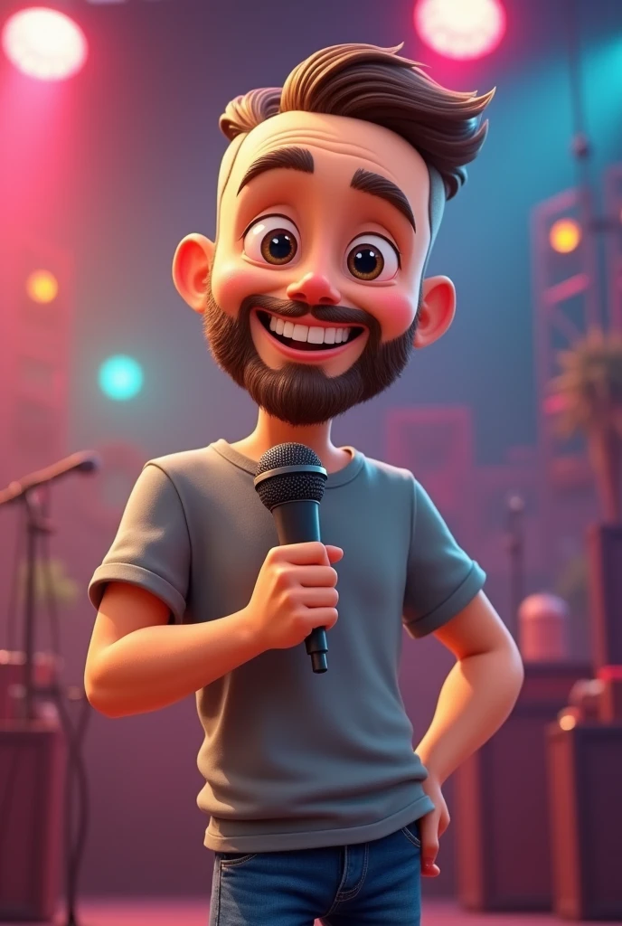 Cartoon de Homem barba media, shaven hair, with microphone in hand