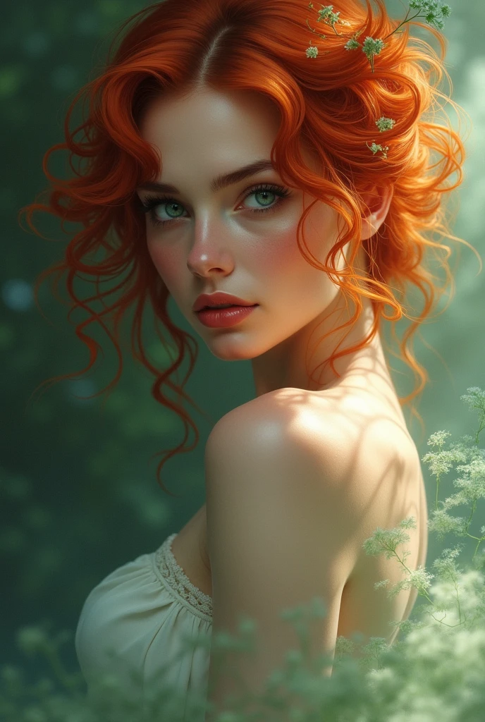A woman of approximately 2. Her hair is red and wavy. has outlined curves. Your eyes are emerald green.