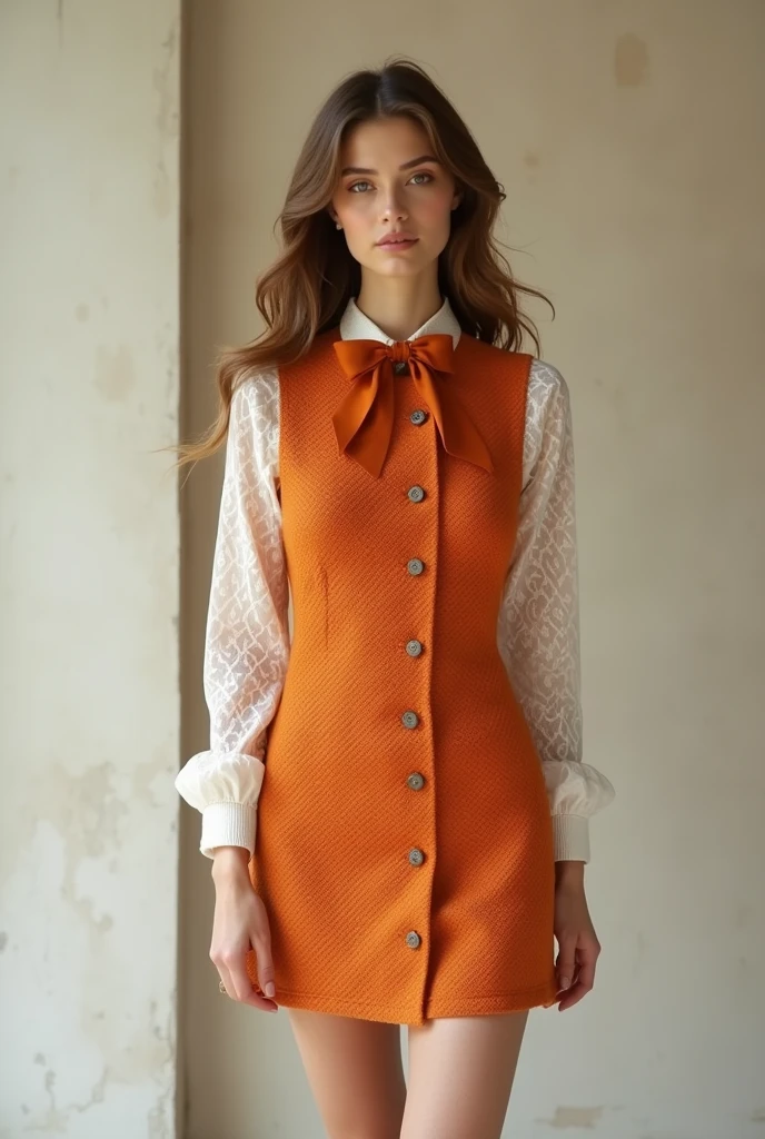 European female model wearing short orange tweed dress with lace blouse underneath and bow 