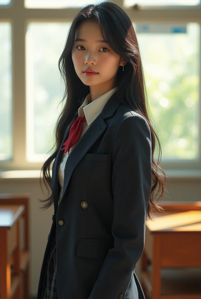 (((full body shot, toes))), (best a cute asian teen, 1girl, full body shot, long black hair, beautiful detailed eyes, beautiful detailed lips, extremely detailed face, detailed school uniform, standing in a classroom, looking at the camera, natural lighting, soft warm colors, cinematic composition, (best quality,4k,8k,highres,masterpiece:1.2),ultra-detailed,(realistic,photorealistic,photo-realistic:1.37),professional, intricate details