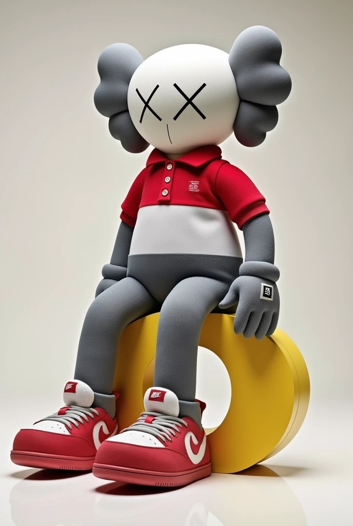 A shot of a gray Kaws style plushie of a seated figure with one leg raised. The figure is sitting sideways and has a large X on the chest. He is dressed in a red and white polo shirt and a pair of Nike sneakers. The background is simple. Sentado encima de la letra "o"mirando hacia la derecha en posición de lado