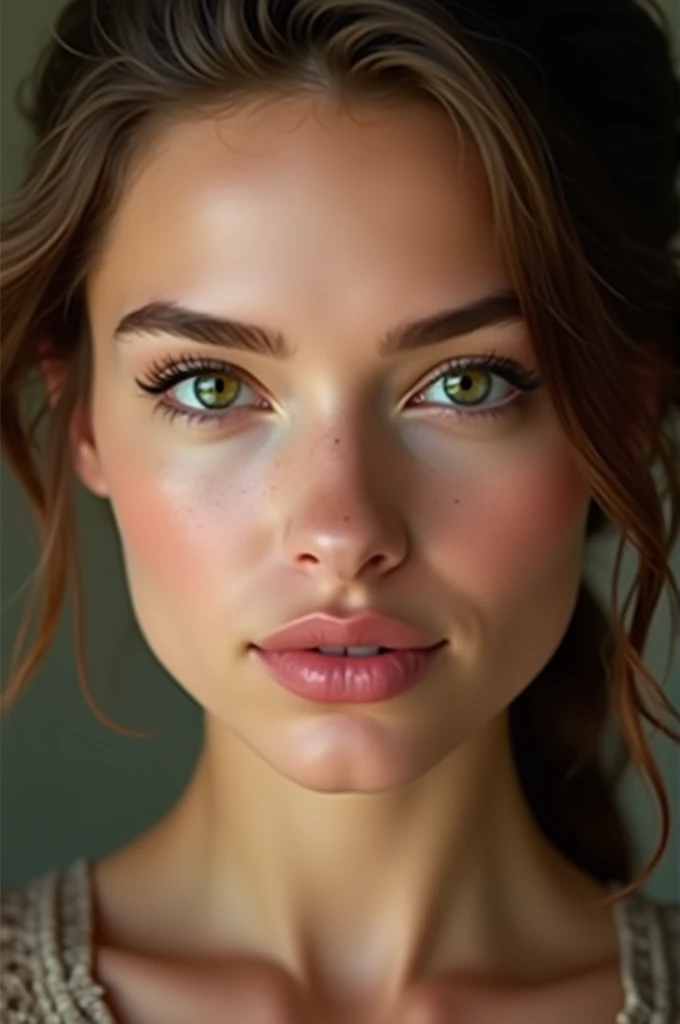 Can you generate me a prompt for A portrait of a very beautiful woman in her twenties?, avec des yeux verts et des cheveux wavy brun . Her complexion is slightly matte., et elle a une apparence très très naturelle avec une belle peau. The face should be super realistic to the point that you would think it was a real woman., captivating and breathtaking, tout en étant prise de loin pour montrer sa beauté globale. And without hair in front of the eyes with a face facing the camera. I want this woman to look like a supermodel or women from 2024