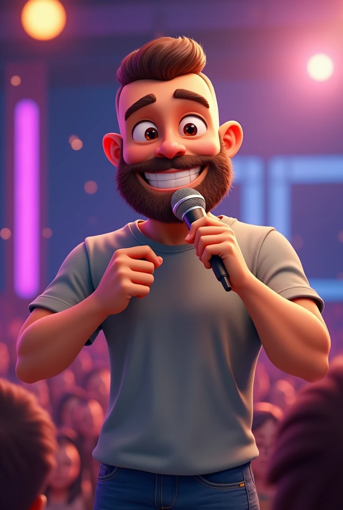 Cartoon de Homem barba media, shaven hair, with microphone in hand