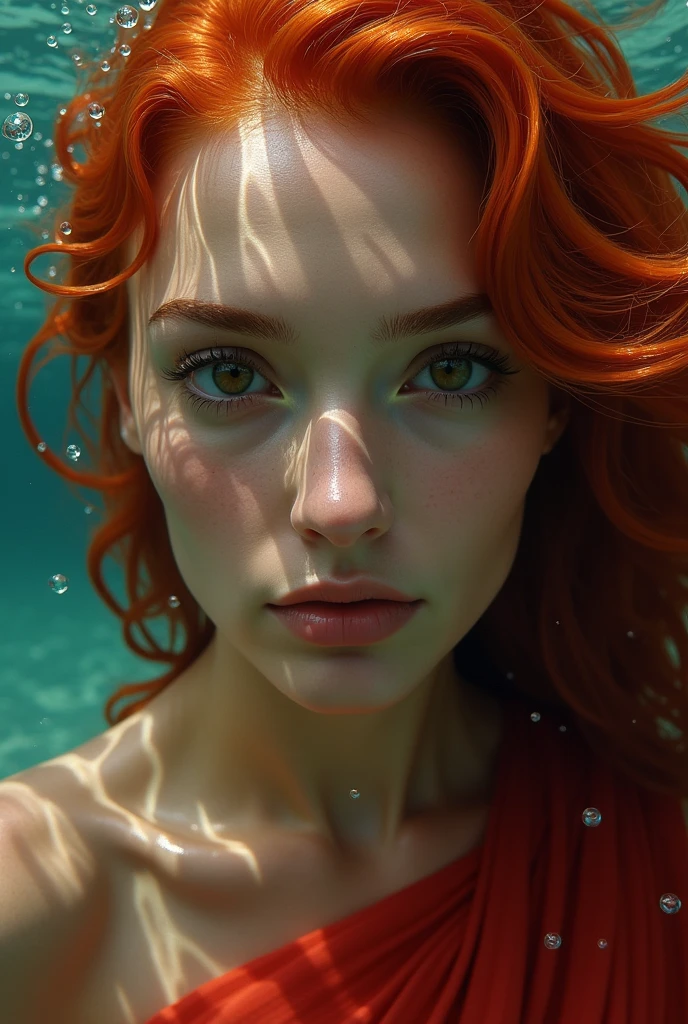 woman, olive skin, gorgeous, red hair, brown eyes, red garment, siren, face half under water, ultra high resolution, 8k, 3d