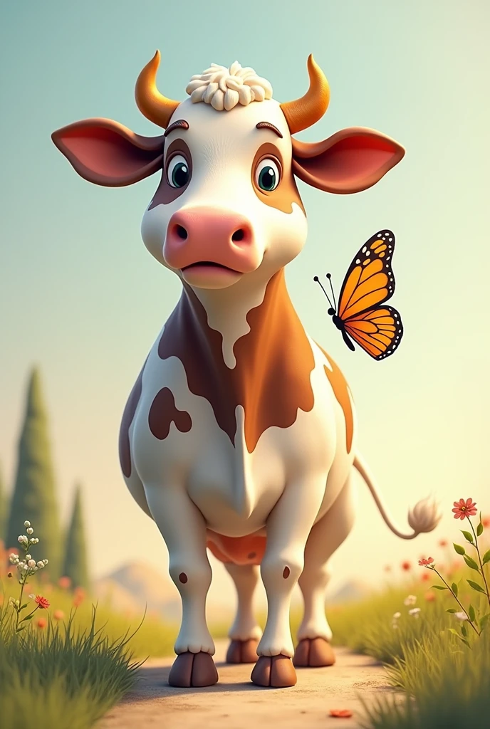 Create an animated image to cut out where a butterfly is accented on a cow that is to be cut out that has color that looks like a drawing of animals that looks like a half-real drawing that the cow is standing