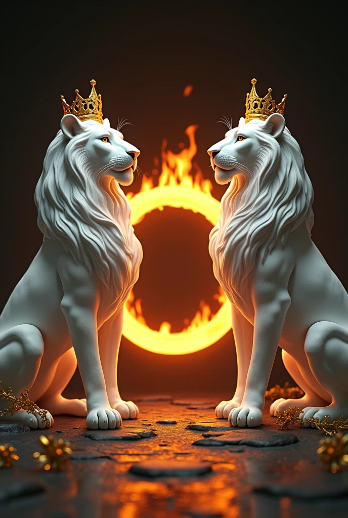 I want a black background with two white lions with gold details. They must have a crown and be located on the sides of the image. In the center there must be a ring of fire and in the lower central part of the image it must say the lionesses in white written in Spanish. , at the edges of the image golden vine