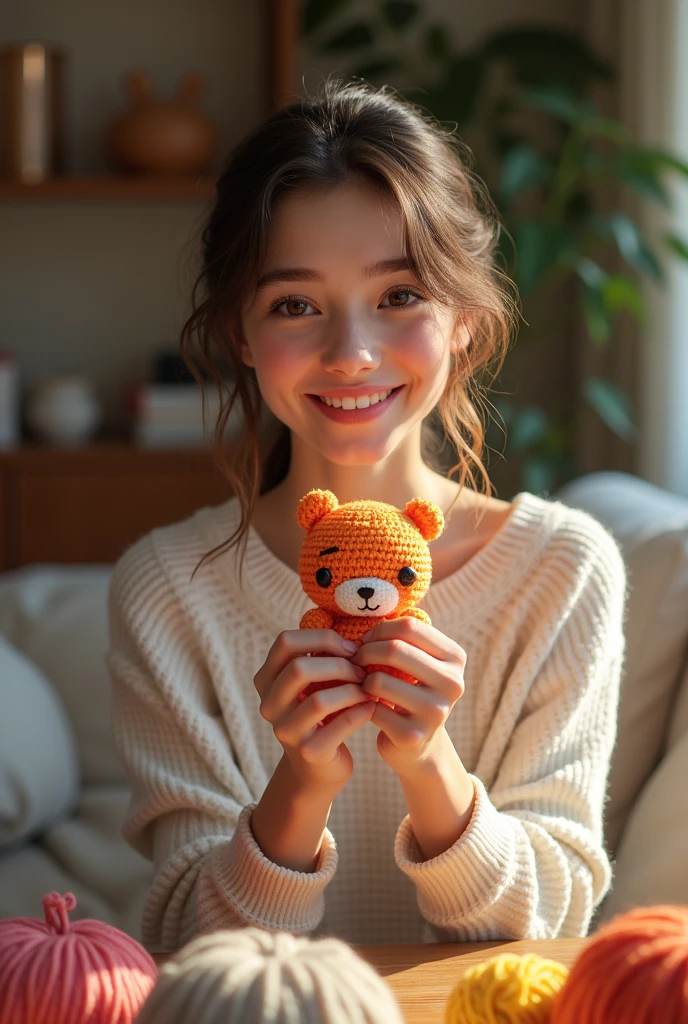 Image of a smiling young woman showing her amigurumi knitting at home 