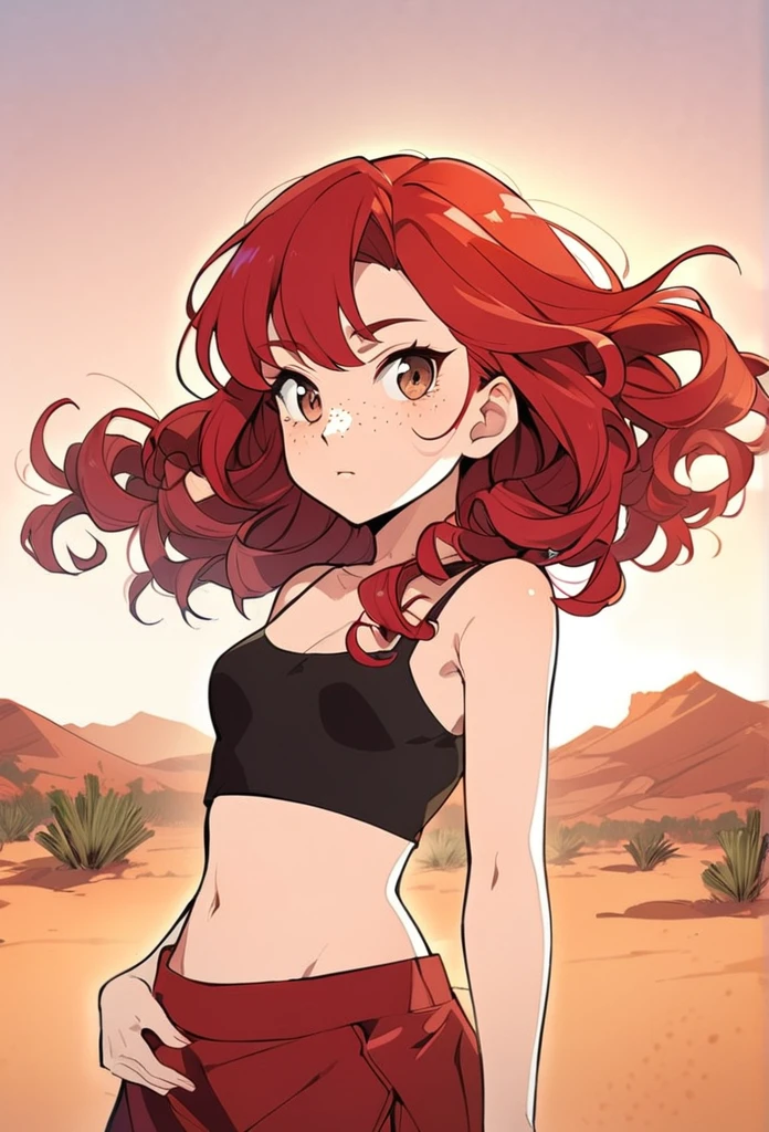 A woman, 20 years old, red hair, curly hair, brown eyes, belly showing, crop top, desert background, anime style, freckles, small breast