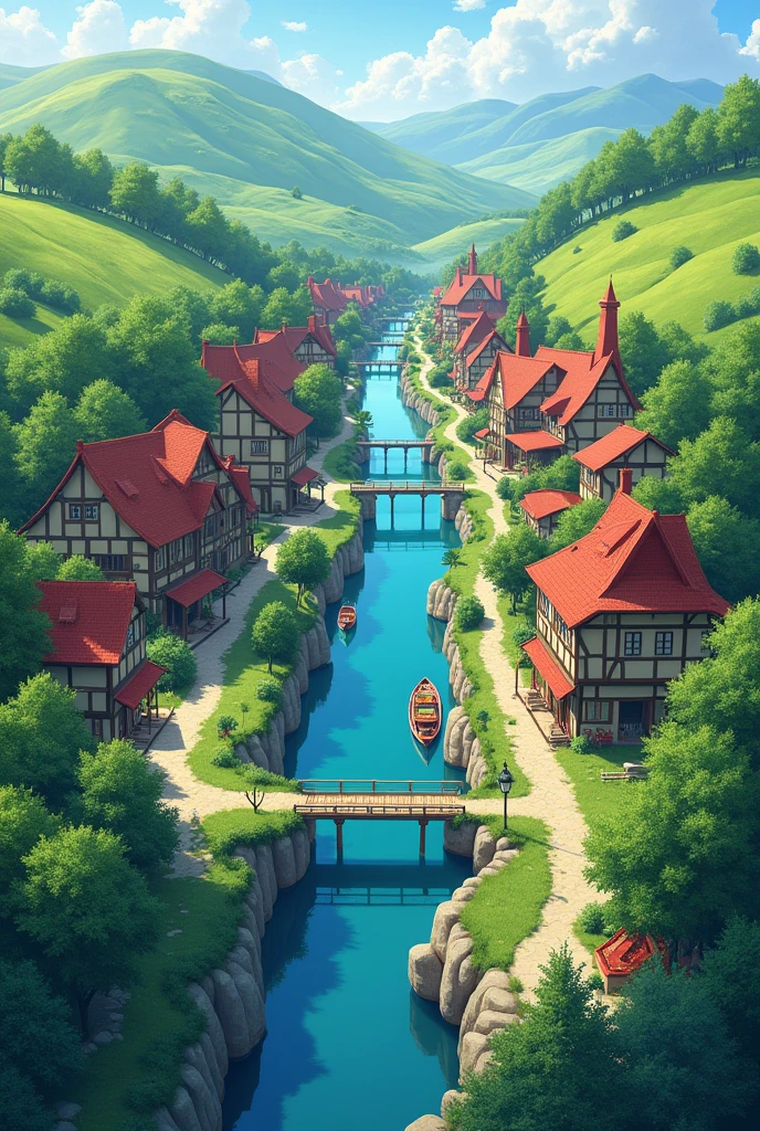 two village facing each other with a river in between. should have houses in ascending order to look good. people on the other sides wear red, and other side wears blue.