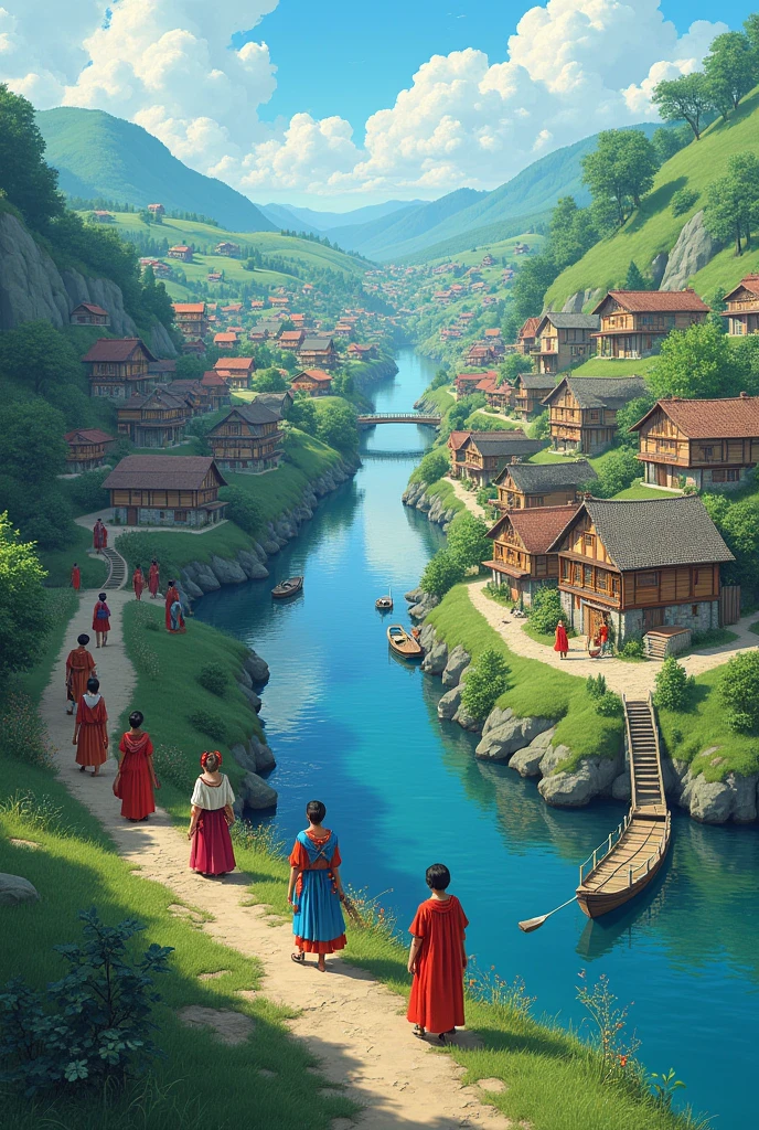 two village facing each other with a river in between. should have houses in ascending order to look good. people on the other sides wear red, and other side wears blue.