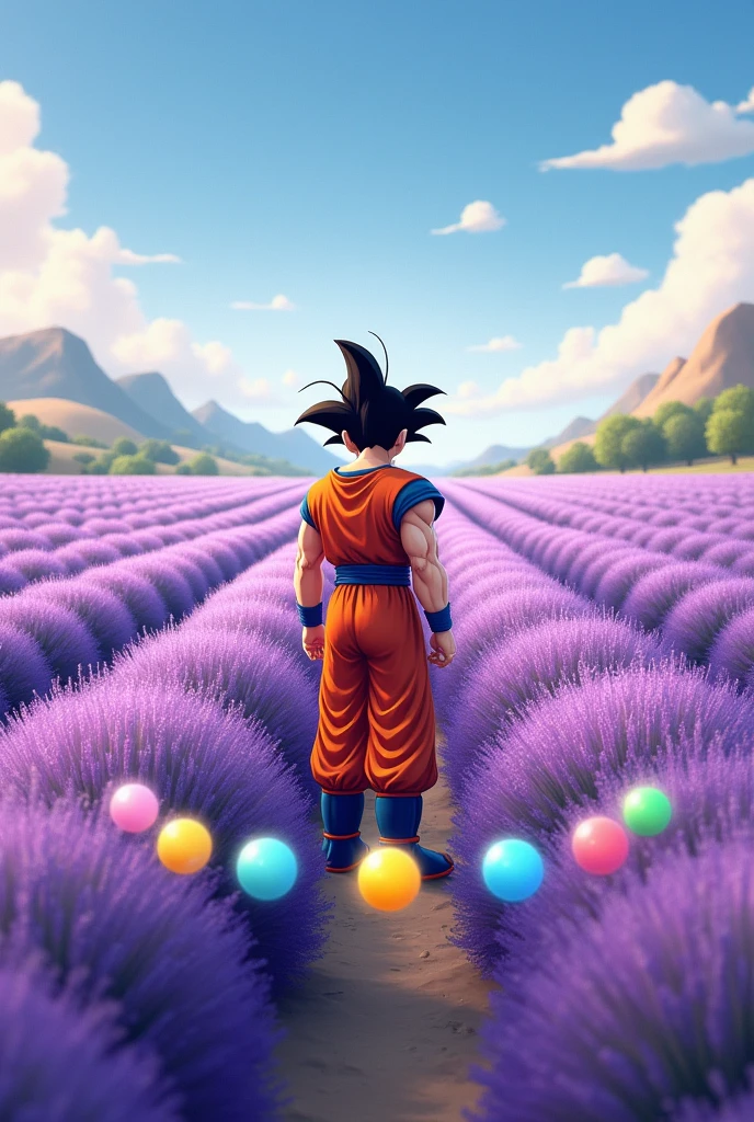 A lavender field with Goku and the Dragon Balls