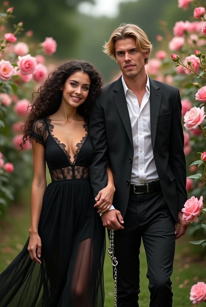 Photo:  une femme de 25 ans, européenne, la peau claire, les cheveux longs noir boucle tombant en cascade sur ses épaules entourant un visage doux aux yeux marron emplie de joie. Elle porte une longue robe noir sexy en dentelle.  Avec elle un homme de 25 ans, ses cheveux mi long blond bien coiffé entourant un visage aux yeux vert emplie de tendresse. Il porte un pantalon noir de costume et une chemise blanche. Il  se balade dans une roseraie la jeune femme au bout d'une laisse de métal tenu par le jeune homme 
