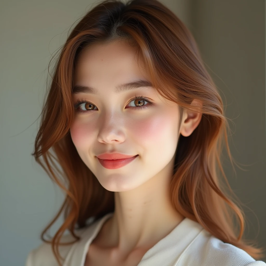 realizes the portrait of a 20 years old woman with a cute and rounded face, slightly laughing eyes, light and smooth chestnut hair, styled, uncluttered face, bright pulpy lips, face without make-up, perfectly symmetrical and drawn eyebrow, natural face in 8K high definition.