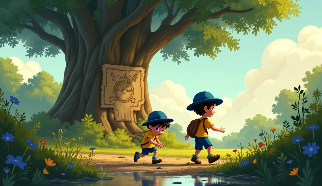 Show Léo and Remy exploring the garden, following a mysterious path. Léo, still wearing his yellow shirt and blue shorts, is carefully navigating through muddy puddles and thorny bushes, with Remy, in his blue hat, leading the way. In the background is a large, ancient tree with a hidden map etched into a leaf on its trunk.