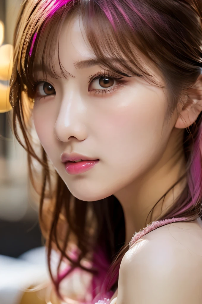 8k, RAW photo, best quality, masterpiece:1.2), (realistic, photo-realistic:1.4), (extremely detailed 8k wallpaper), japanese 20 age woman,Ultra-detailed cute face, Detailed eyes, Double eyelid, lingerie, full body,( Huge breasts :1.2,(pink hair ),Tears mole),lying on the bed,cute hair,